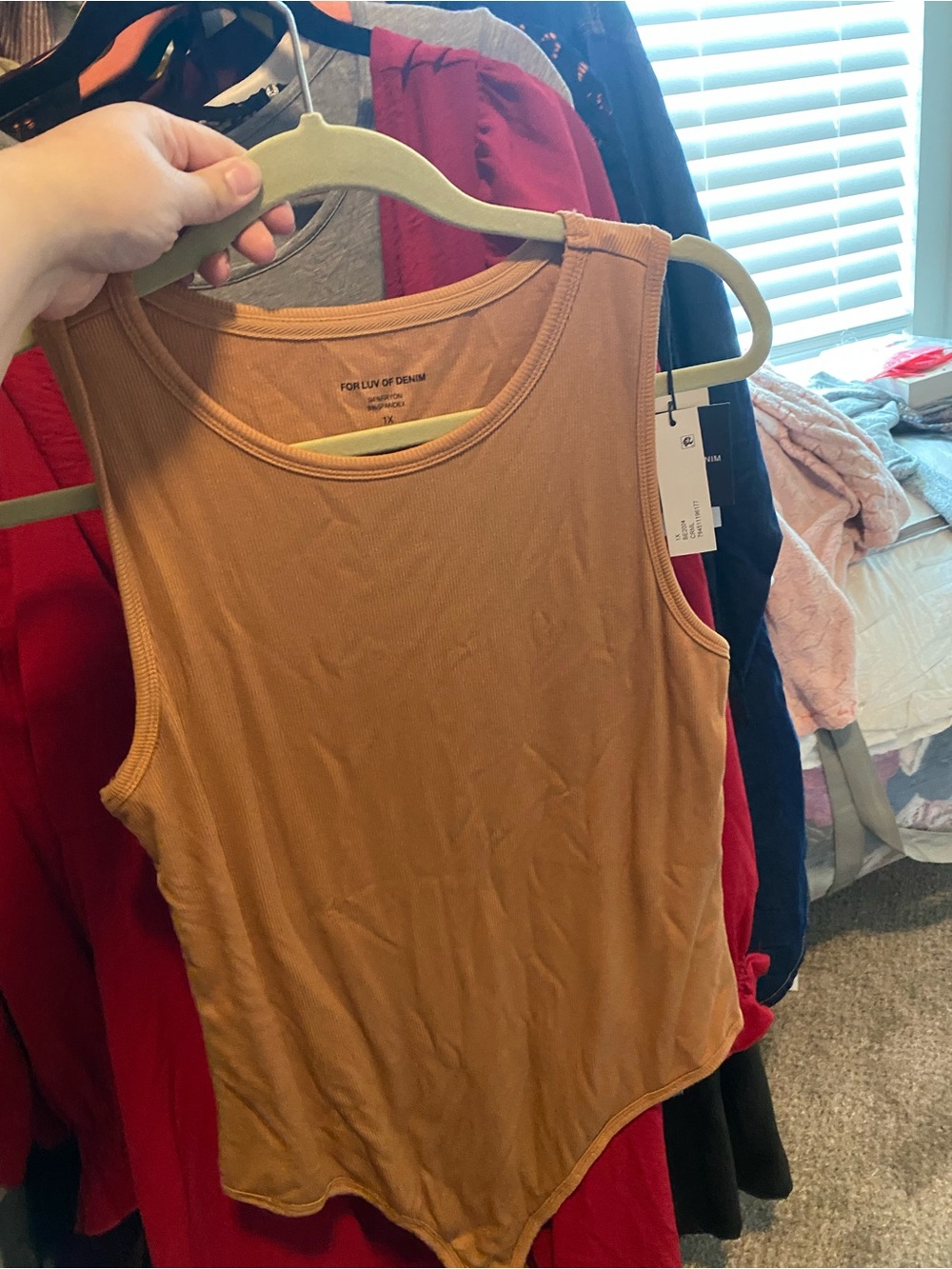 Scoop Neck Ribbed Bodysuit in Tan by